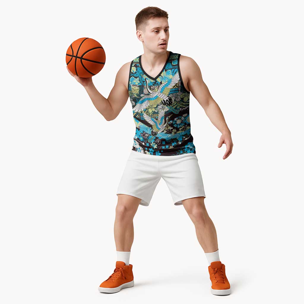 Japanese Hawaiian Crane Basketball Jersey Blue Tapa Patchwork Pattern
