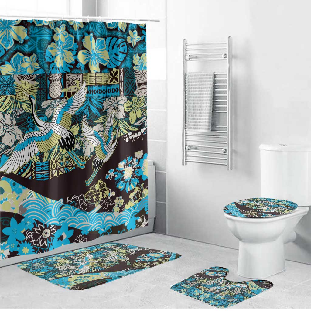 Japanese Hawaiian Crane Bathroom Set Blue Tapa Patchwork Pattern