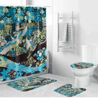 Japanese Hawaiian Crane Bathroom Set Blue Tapa Patchwork Pattern