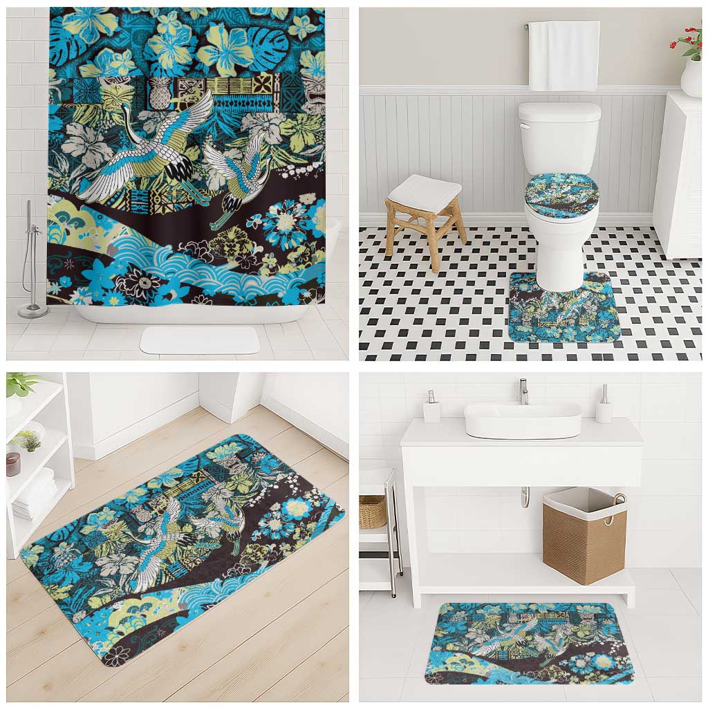 Japanese Hawaiian Crane Bathroom Set Blue Tapa Patchwork Pattern