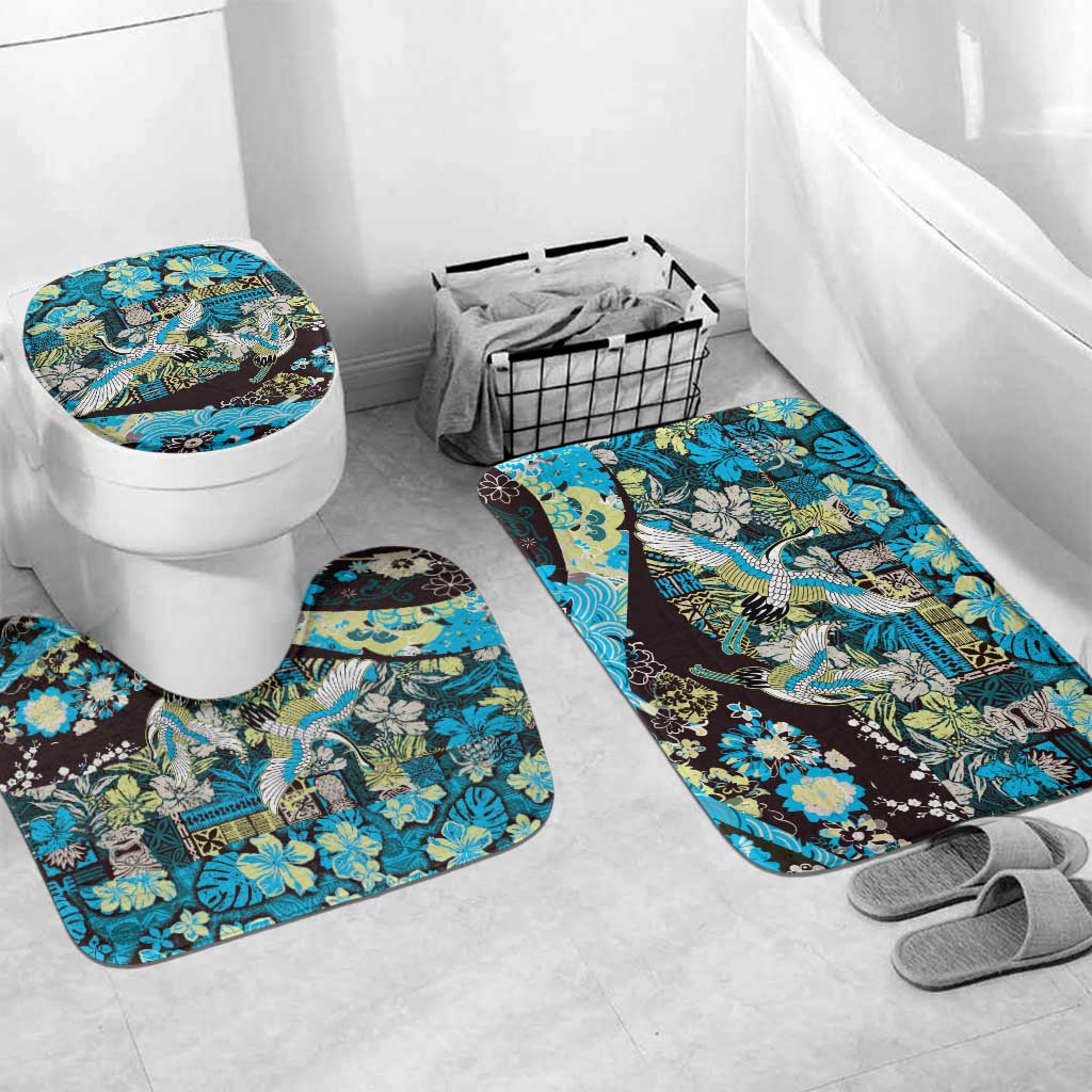 Japanese Hawaiian Crane Bathroom Set Blue Tapa Patchwork Pattern
