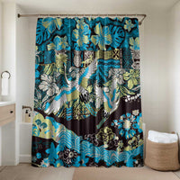 Japanese Hawaiian Crane Bathroom Set Blue Tapa Patchwork Pattern