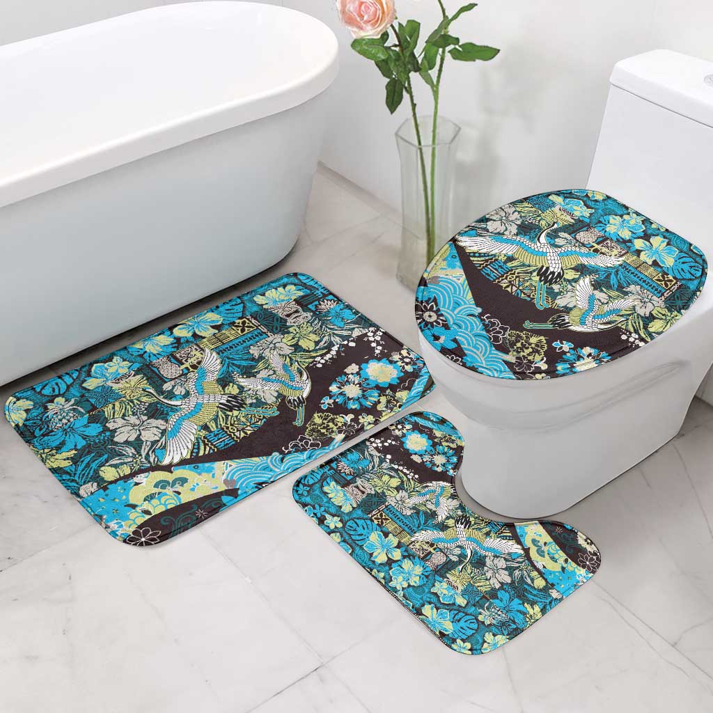 Japanese Hawaiian Crane Bathroom Set Blue Tapa Patchwork Pattern