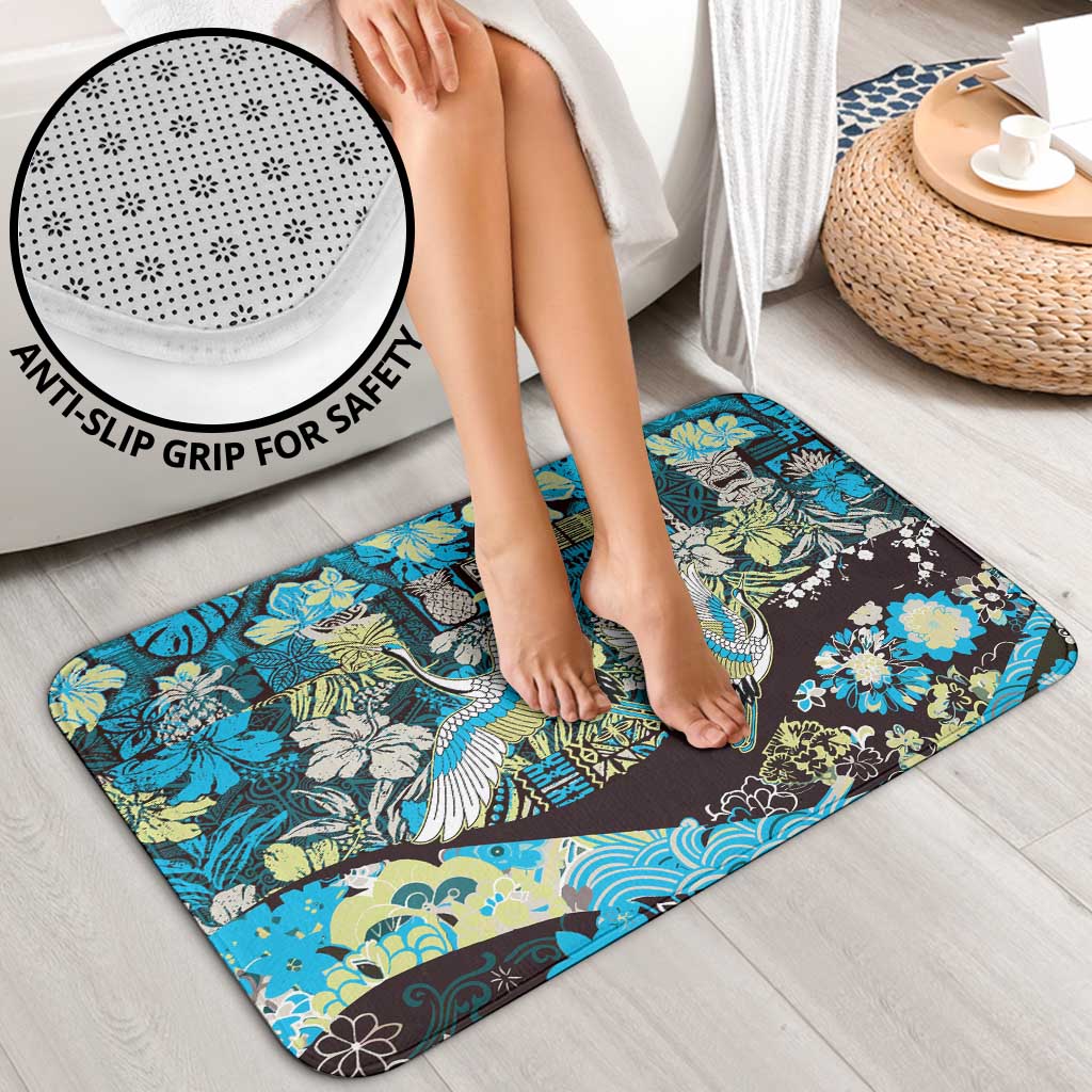Japanese Hawaiian Crane Bathroom Set Blue Tapa Patchwork Pattern