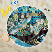 Japanese Hawaiian Crane Beach Blanket Blue Tapa Patchwork Pattern