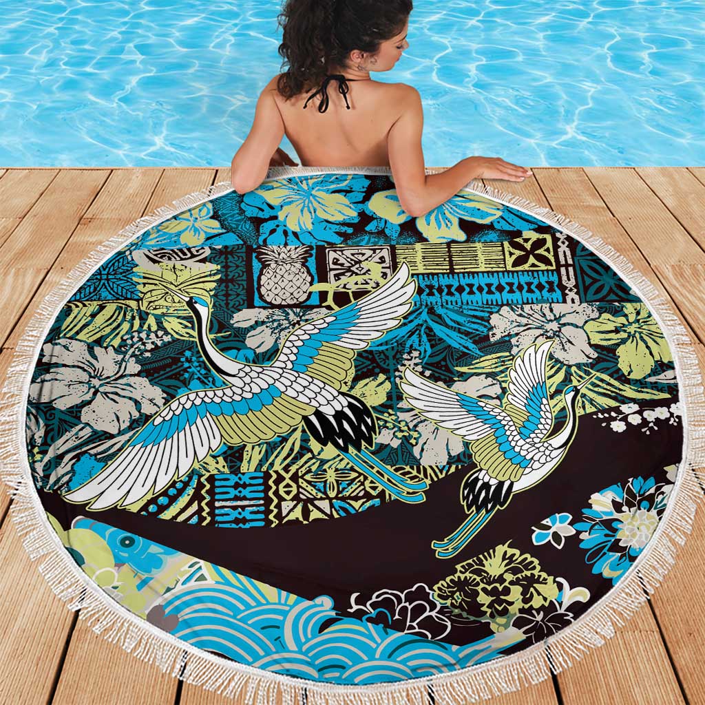 Japanese Hawaiian Crane Beach Blanket Blue Tapa Patchwork Pattern