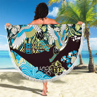 Japanese Hawaiian Crane Beach Blanket Blue Tapa Patchwork Pattern