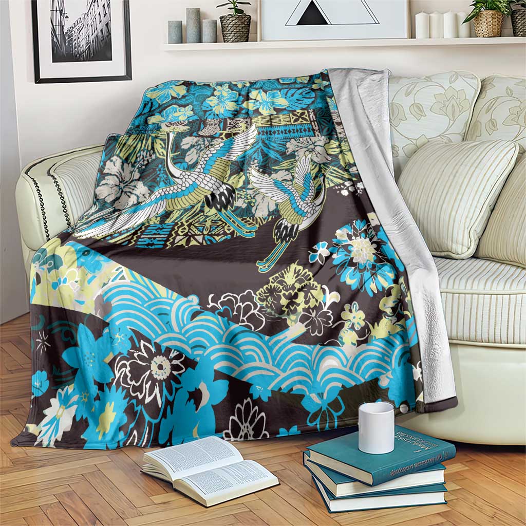 Japanese Hawaiian Crane Blanket Blue Tapa Patchwork Pattern