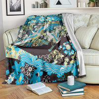 Japanese Hawaiian Crane Blanket Blue Tapa Patchwork Pattern