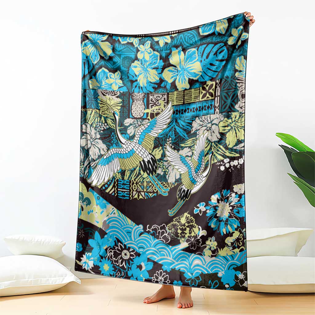 Japanese Hawaiian Crane Blanket Blue Tapa Patchwork Pattern