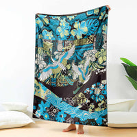 Japanese Hawaiian Crane Blanket Blue Tapa Patchwork Pattern