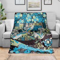 Japanese Hawaiian Crane Blanket Blue Tapa Patchwork Pattern