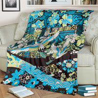 Japanese Hawaiian Crane Blanket Blue Tapa Patchwork Pattern