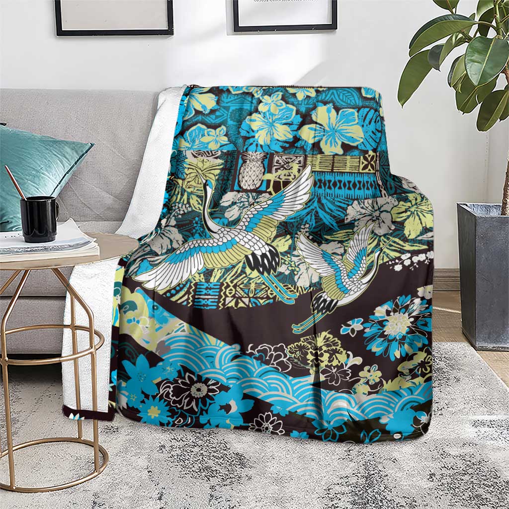 Japanese Hawaiian Crane Blanket Blue Tapa Patchwork Pattern