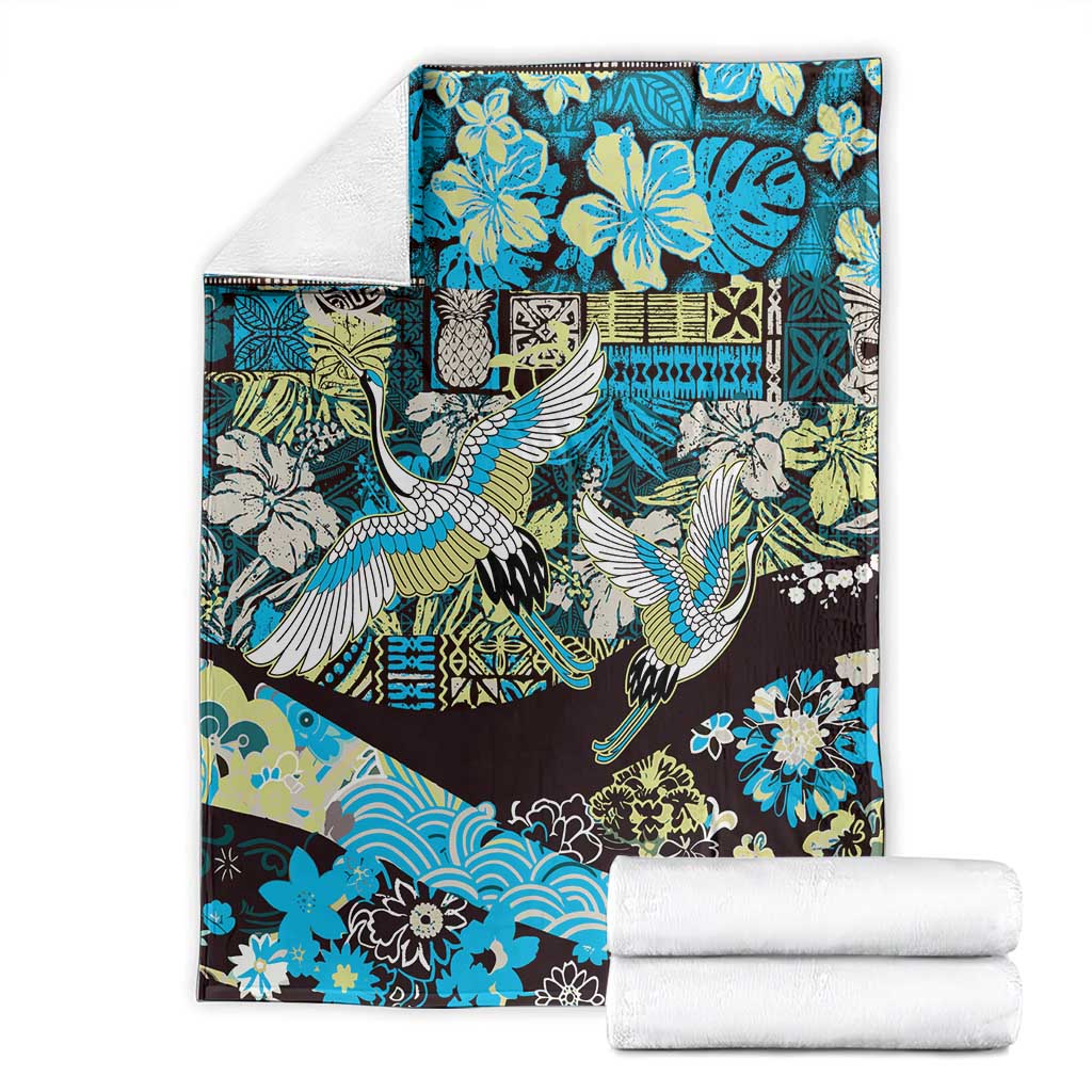 Japanese Hawaiian Crane Blanket Blue Tapa Patchwork Pattern