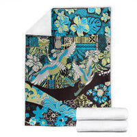 Japanese Hawaiian Crane Blanket Blue Tapa Patchwork Pattern
