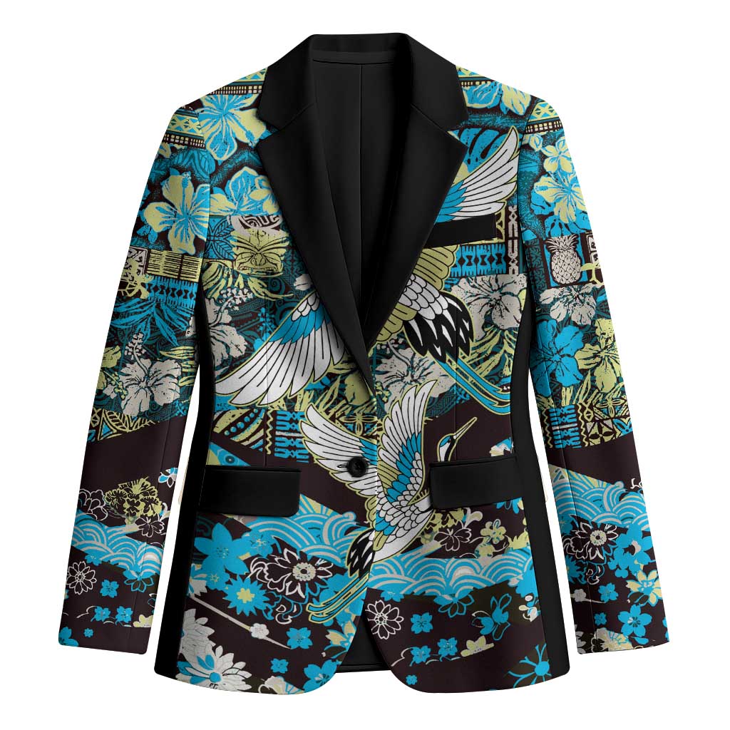Japanese Hawaiian Crane Blazer Blue Tapa Patchwork Pattern LT9 Unisex Blue - Polynesian Pride