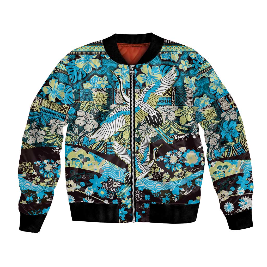 Japanese Hawaiian Crane Bomber Jacket Blue Tapa Patchwork Pattern
