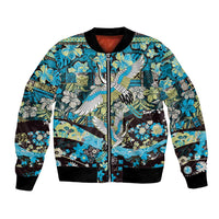 Japanese Hawaiian Crane Bomber Jacket Blue Tapa Patchwork Pattern