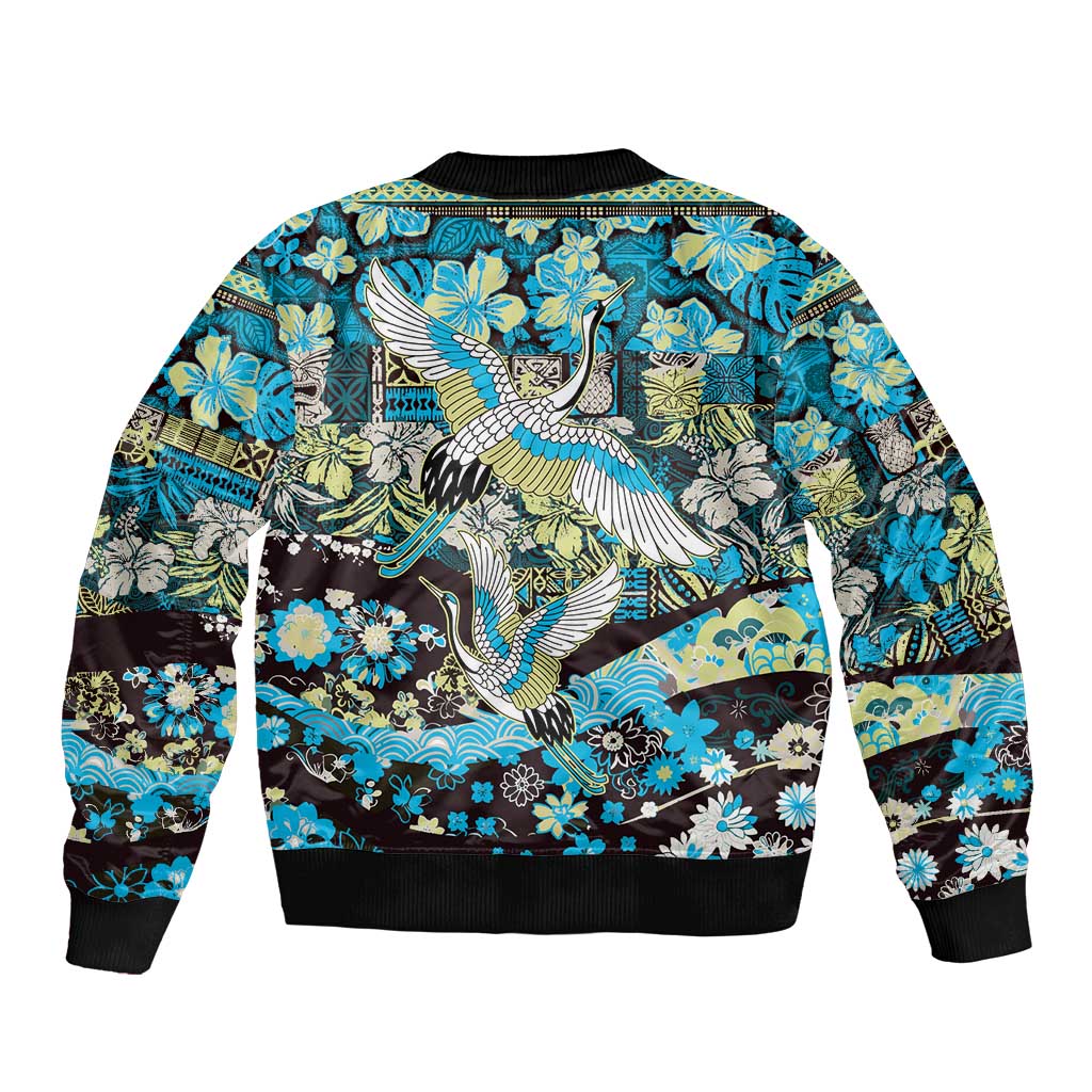 Japanese Hawaiian Crane Bomber Jacket Blue Tapa Patchwork Pattern