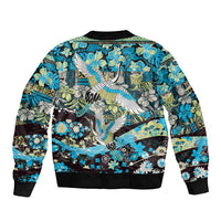Japanese Hawaiian Crane Bomber Jacket Blue Tapa Patchwork Pattern