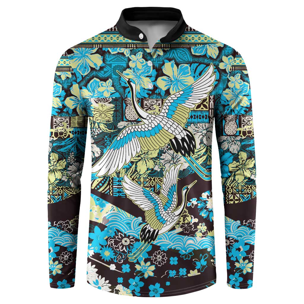 Japanese Hawaiian Crane Button Sweatshirt Blue Tapa Patchwork Pattern LT9 Blue - Polynesian Pride
