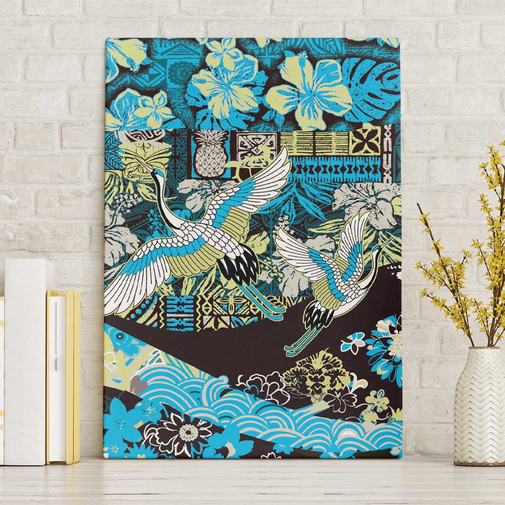 Japanese Hawaiian Crane Canvas Wall Art Blue Tapa Patchwork Pattern