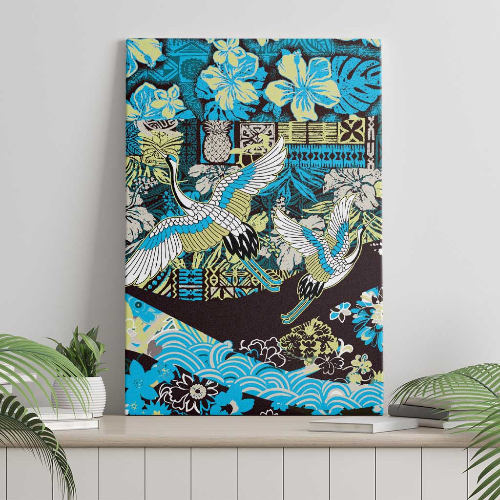 Japanese Hawaiian Crane Canvas Wall Art Blue Tapa Patchwork Pattern