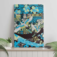Japanese Hawaiian Crane Canvas Wall Art Blue Tapa Patchwork Pattern