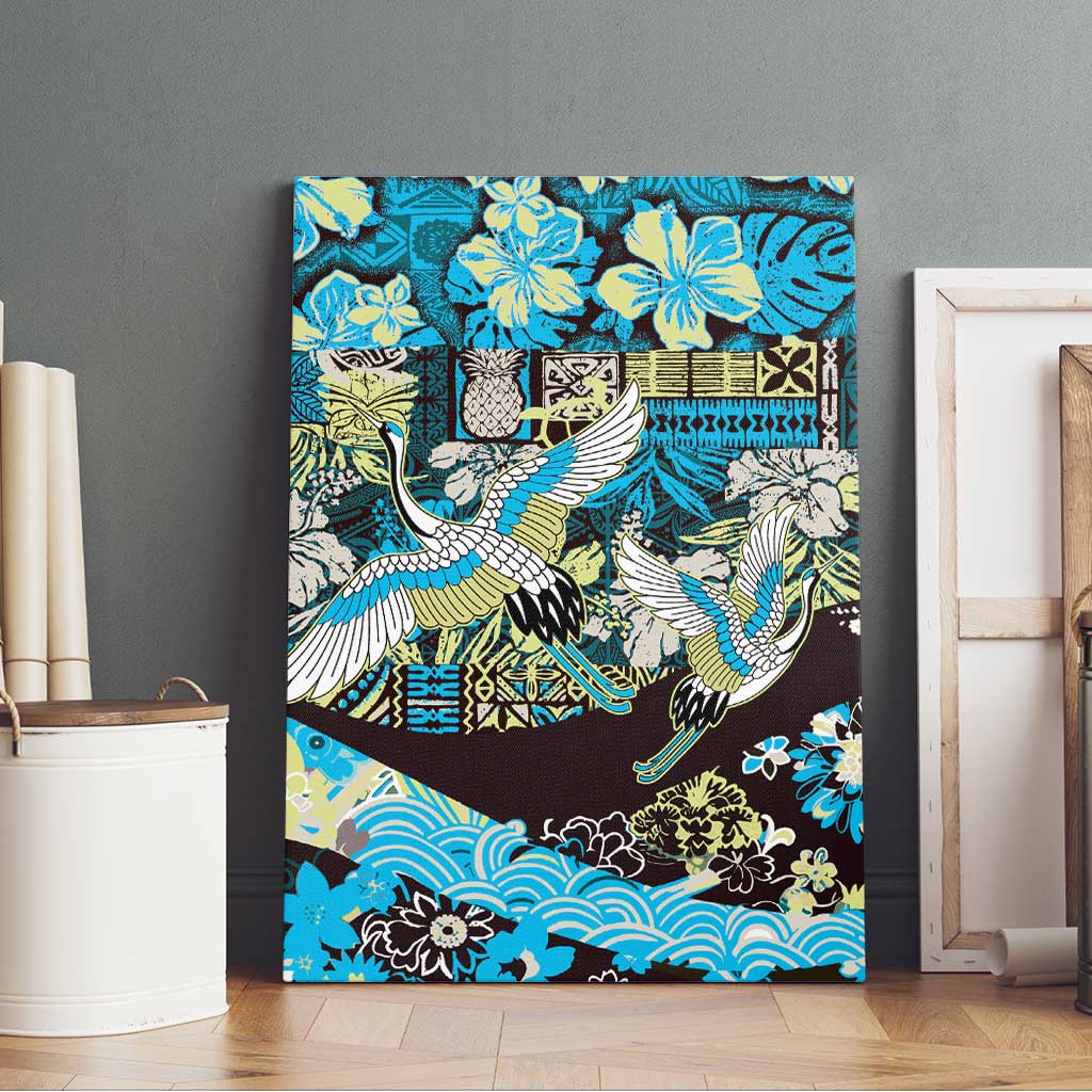 Japanese Hawaiian Crane Canvas Wall Art Blue Tapa Patchwork Pattern