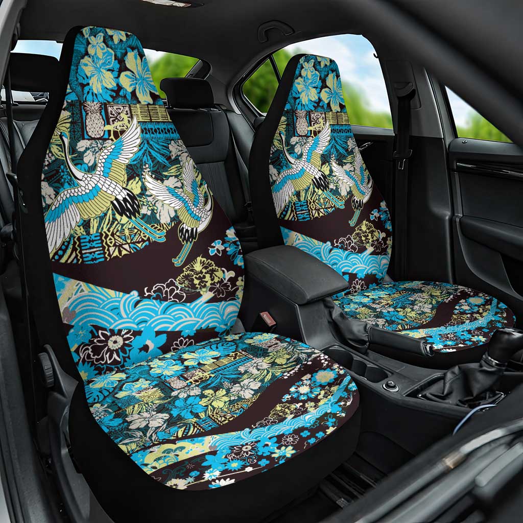Japanese Hawaiian Crane Car Seat Cover Blue Tapa Patchwork Pattern LT9 One Size Blue - Polynesian Pride