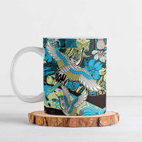 Japanese Hawaiian Crane Ceramic Mug Blue Tapa Patchwork Pattern