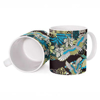 Japanese Hawaiian Crane Ceramic Mug Blue Tapa Patchwork Pattern