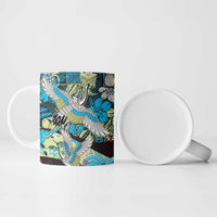Japanese Hawaiian Crane Ceramic Mug Blue Tapa Patchwork Pattern