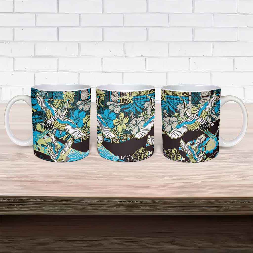 Japanese Hawaiian Crane Ceramic Mug Blue Tapa Patchwork Pattern