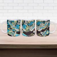 Japanese Hawaiian Crane Ceramic Mug Blue Tapa Patchwork Pattern