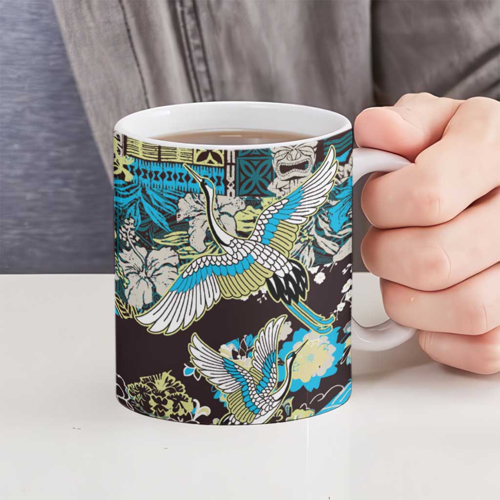 Japanese Hawaiian Crane Ceramic Mug Blue Tapa Patchwork Pattern