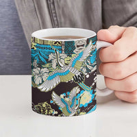 Japanese Hawaiian Crane Ceramic Mug Blue Tapa Patchwork Pattern
