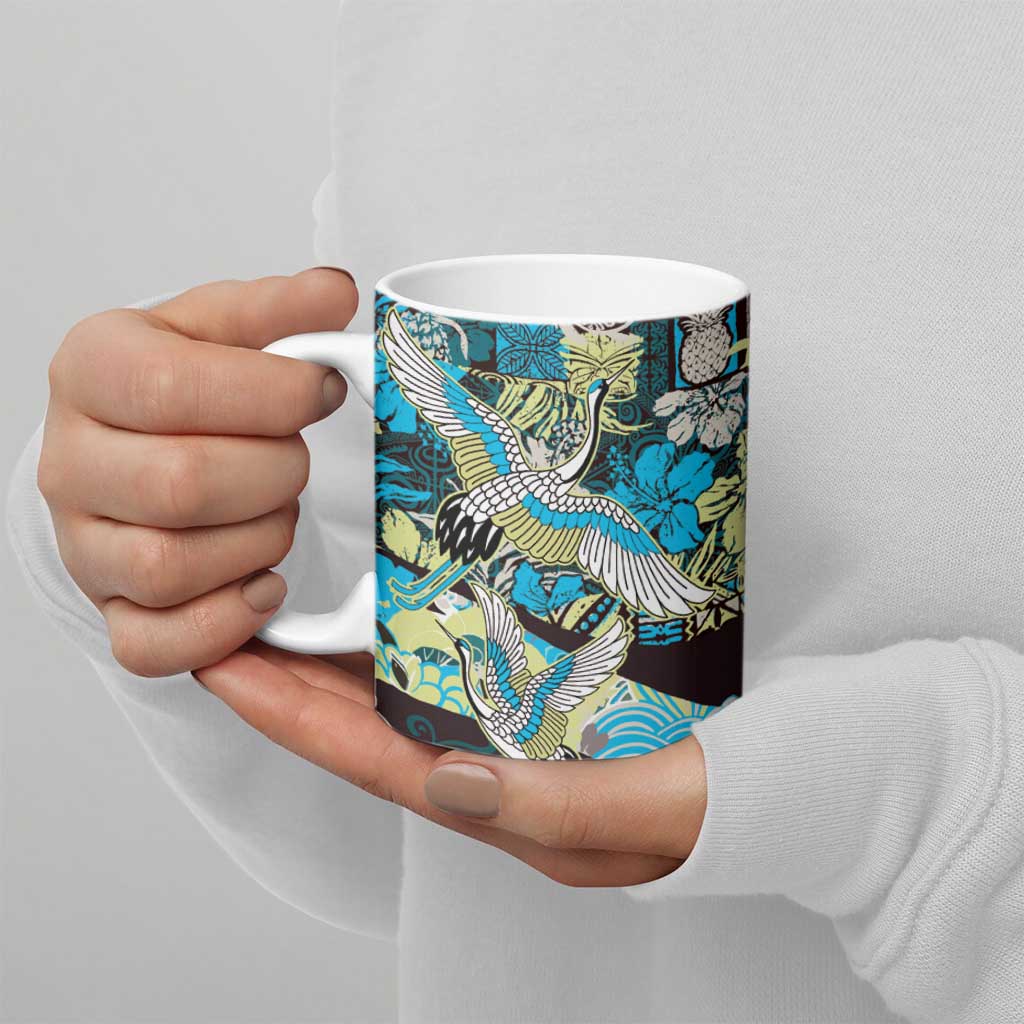 Japanese Hawaiian Crane Ceramic Mug Blue Tapa Patchwork Pattern