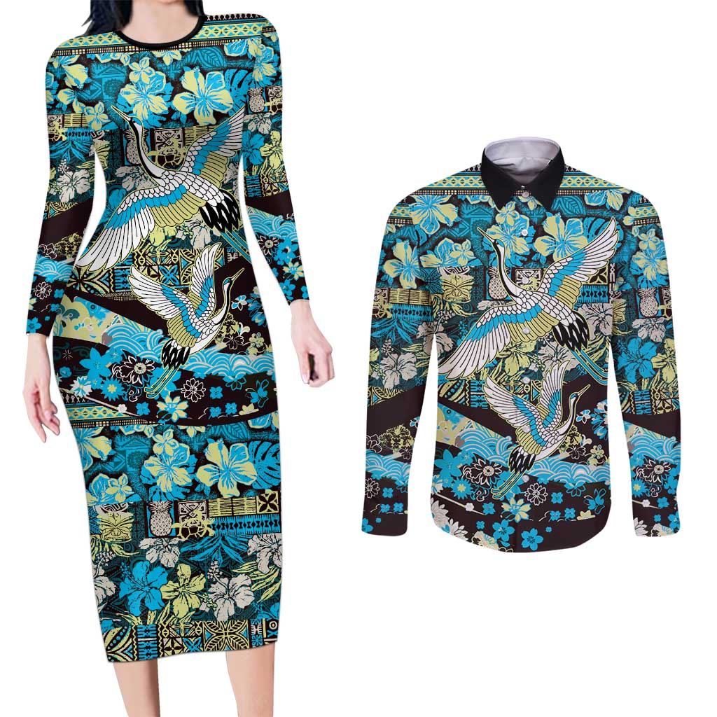 Japanese Hawaiian Crane Couples Matching Long Sleeve Bodycon Dress and Long Sleeve Button Shirt Blue Tapa Patchwork Pattern