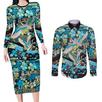 Japanese Hawaiian Crane Couples Matching Long Sleeve Bodycon Dress and Long Sleeve Button Shirt Blue Tapa Patchwork Pattern