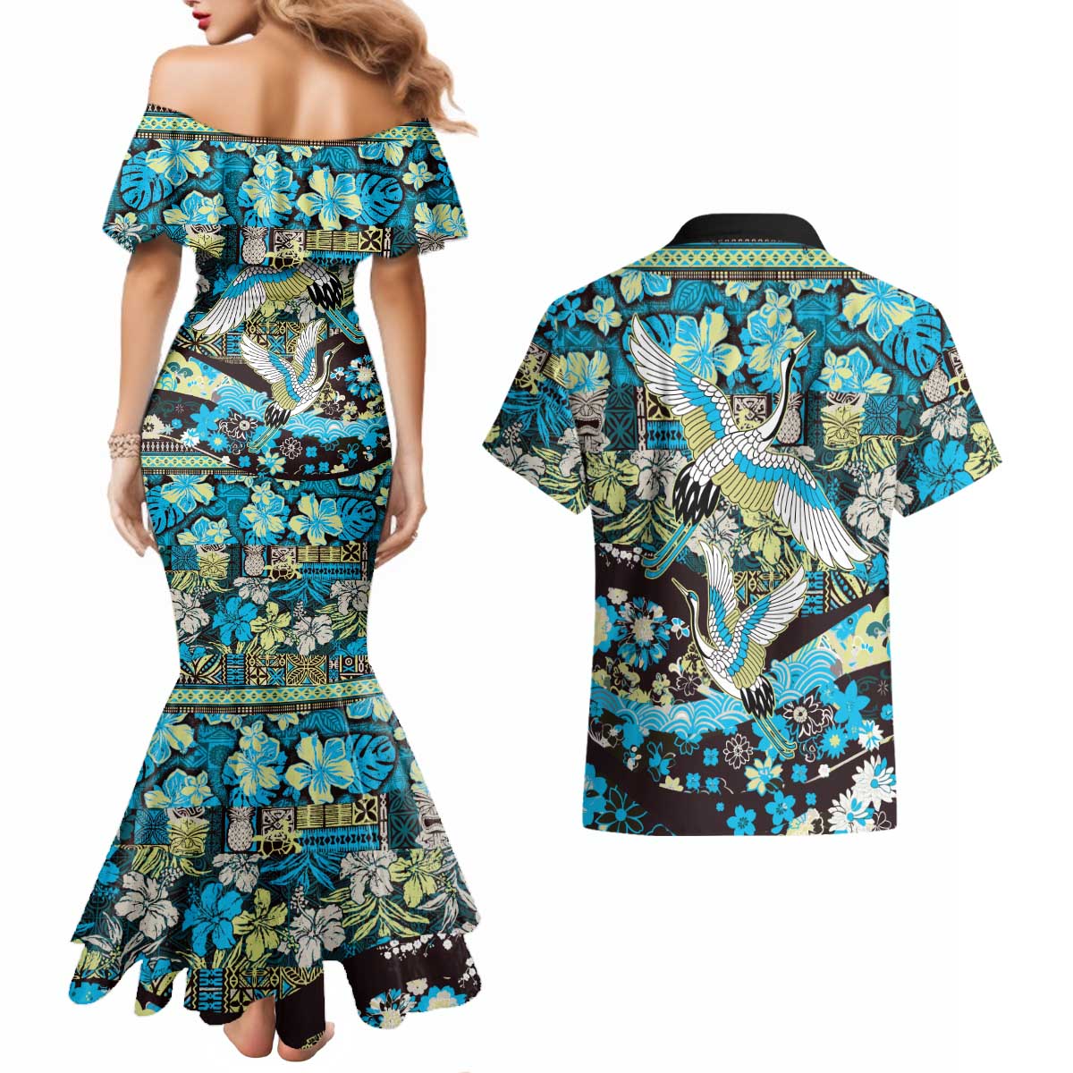 Japanese Hawaiian Crane Couples Matching Mermaid Dress and Hawaiian Shirt Blue Tapa Patchwork Pattern