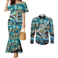 Japanese Hawaiian Crane Couples Matching Mermaid Dress and Long Sleeve Button Shirt Blue Tapa Patchwork Pattern LT9 Blue - Polynesian Pride