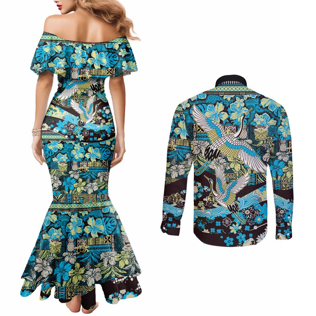 Japanese Hawaiian Crane Couples Matching Mermaid Dress and Long Sleeve Button Shirt Blue Tapa Patchwork Pattern LT9 - Polynesian Pride