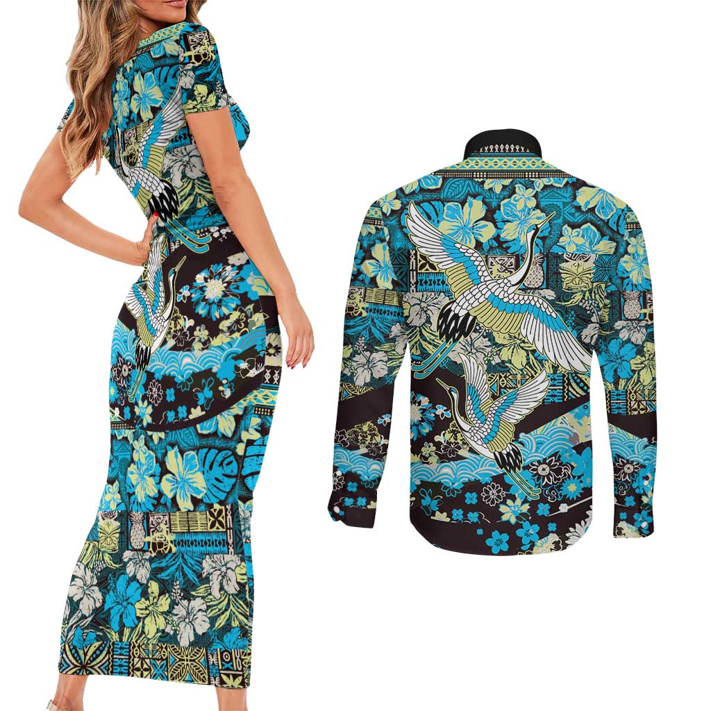 Japanese Hawaiian Crane Couples Matching Short Sleeve Bodycon Dress and Long Sleeve Button Shirt Blue Tapa Patchwork Pattern