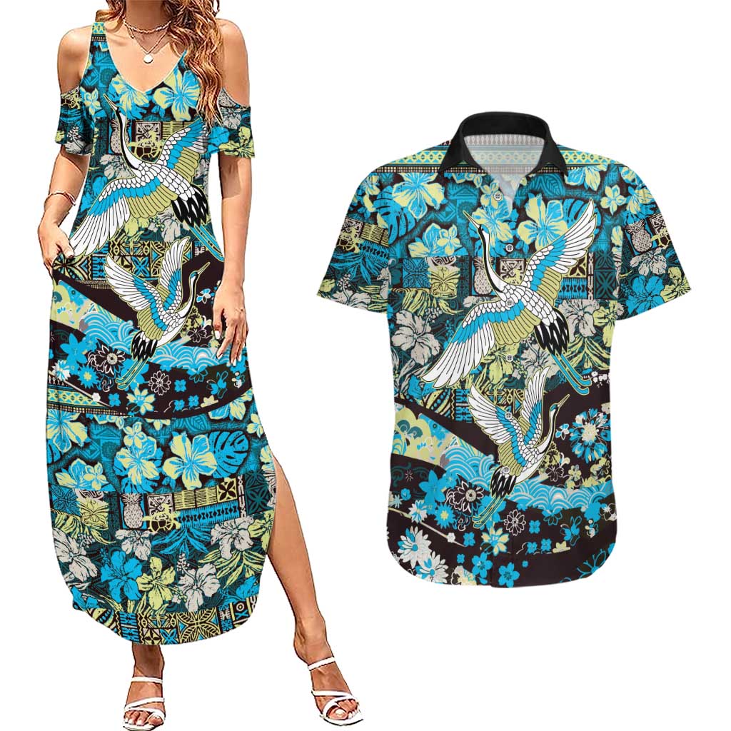 Japanese Hawaiian Crane Couples Matching Summer Maxi Dress and Hawaiian Shirt Blue Tapa Patchwork Pattern