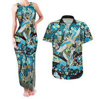 Japanese Hawaiian Crane Couples Matching Tank Maxi Dress and Hawaiian Shirt Blue Tapa Patchwork Pattern
