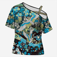 Japanese Hawaiian Crane Cross Shoulder Shirt Blue Tapa Patchwork Pattern