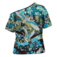Japanese Hawaiian Crane Cross Shoulder Shirt Blue Tapa Patchwork Pattern
