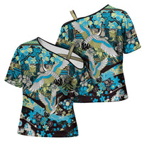 Japanese Hawaiian Crane Cross Shoulder Shirt Blue Tapa Patchwork Pattern